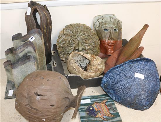A collection of garden Art pottery sculptures, plaques, etc.